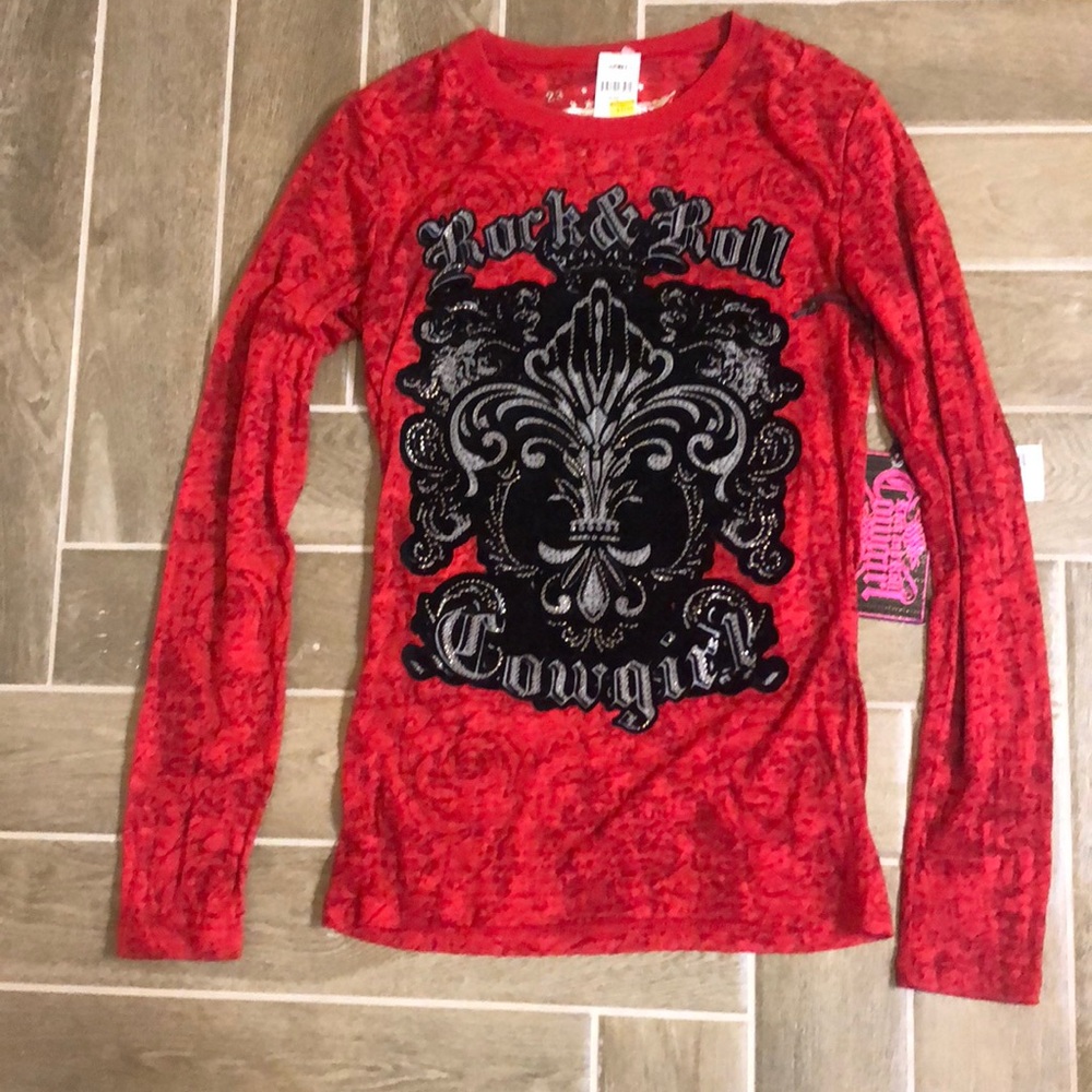 Red Long Sleeve Embellished Tee Shirt